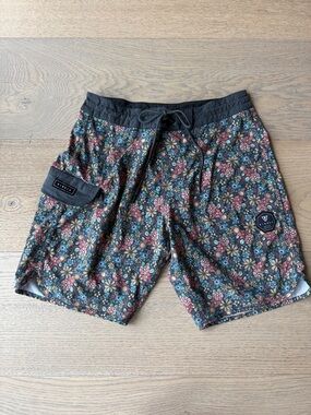VISSLA Black Floral Swim Trunks with Multicolor Blooms
